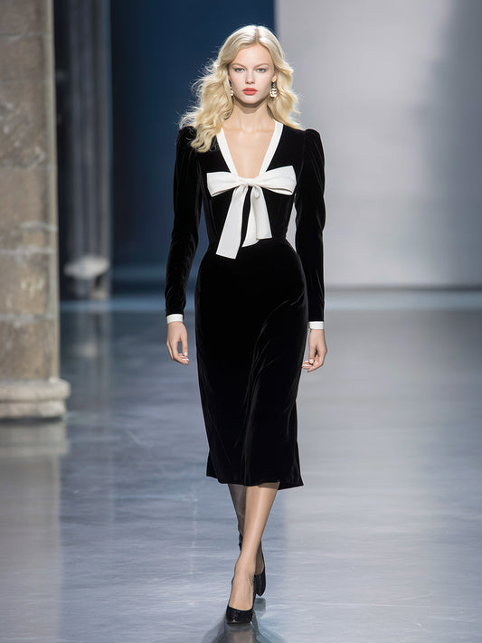 Elegant And Romantic V-neck Bow Black Velvet Midi Dress