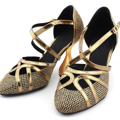 Gold & Black Closed Toe 3'' Decorative Heel Crisscross Pumps