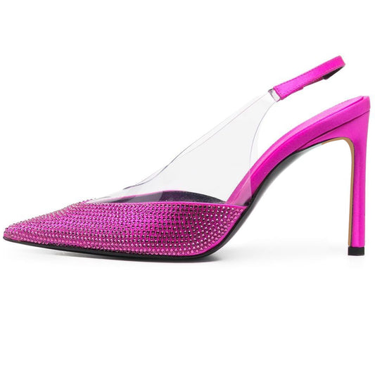 Fuchsia PVC Pointed Toe Stiletto Heel Rhinestone Slingback Pumps
