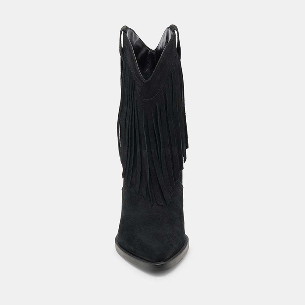 Faux Suede Pointed Toe Embroidered Black Fringe Western Boots