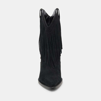 Faux Suede Pointed Toe Embroidered Black Fringe Western Boots