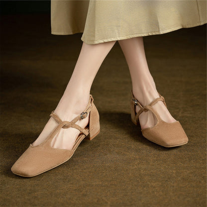 Beige Faux Suede Closed Toe Chunky Heel Strappy Pumps