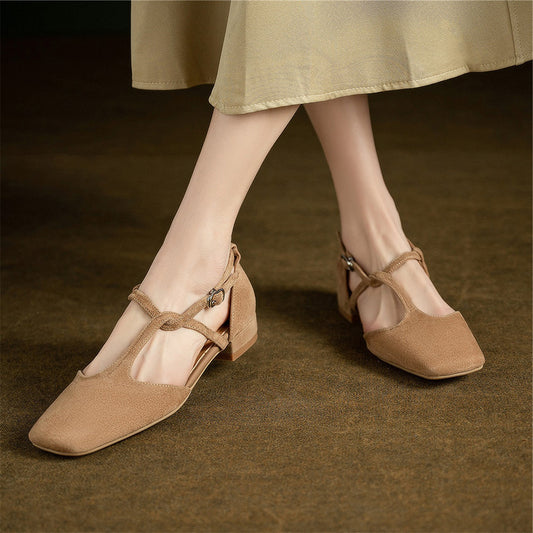 Beige Faux Suede Closed Toe Chunky Heel Strappy Pumps