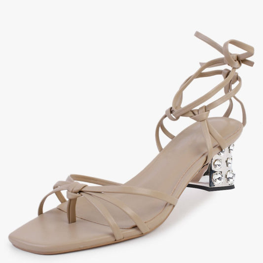 Beige Square Toe Decorative Heel Strappy Sandals