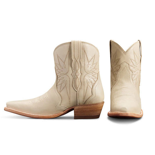 Beige Block Heel Embroidered Wing Short Snip Toe Cowgirl Boots