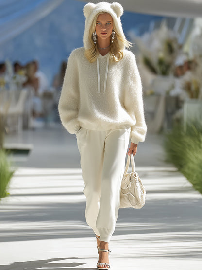 Fashionable White Bear Ear Hooded Plush Knitted Sweater and Pants Set