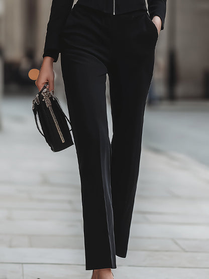 Elegant Black Two-Piece Suit Set With Zipper Blazer