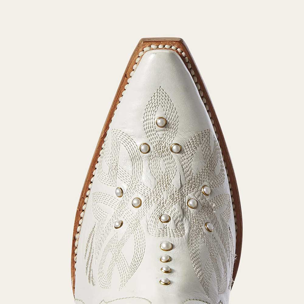 Elegant White Snip Toe Embroidered Mid-Calf Cowgirl Boots with Pearls