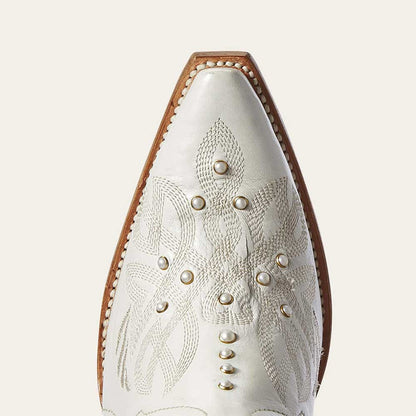 Elegant White Snip Toe Embroidered Mid-Calf Cowgirl Boots with Pearls