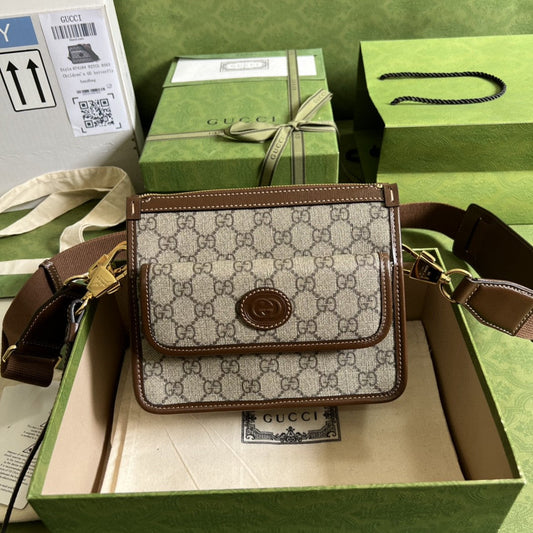 gg Messenger Bag With Interlocking G Beige And Ebony gg Supreme Canvas And Brown For Men 8in/21cm gg 674164 92THG