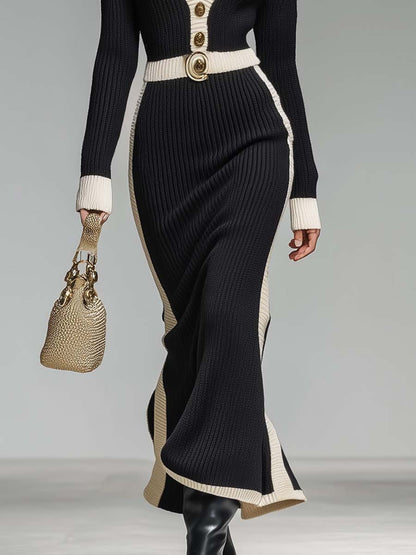 Elegant Retro White Contrast Color V-neck Decoration Front Button Black Knitted Maxi Dress
