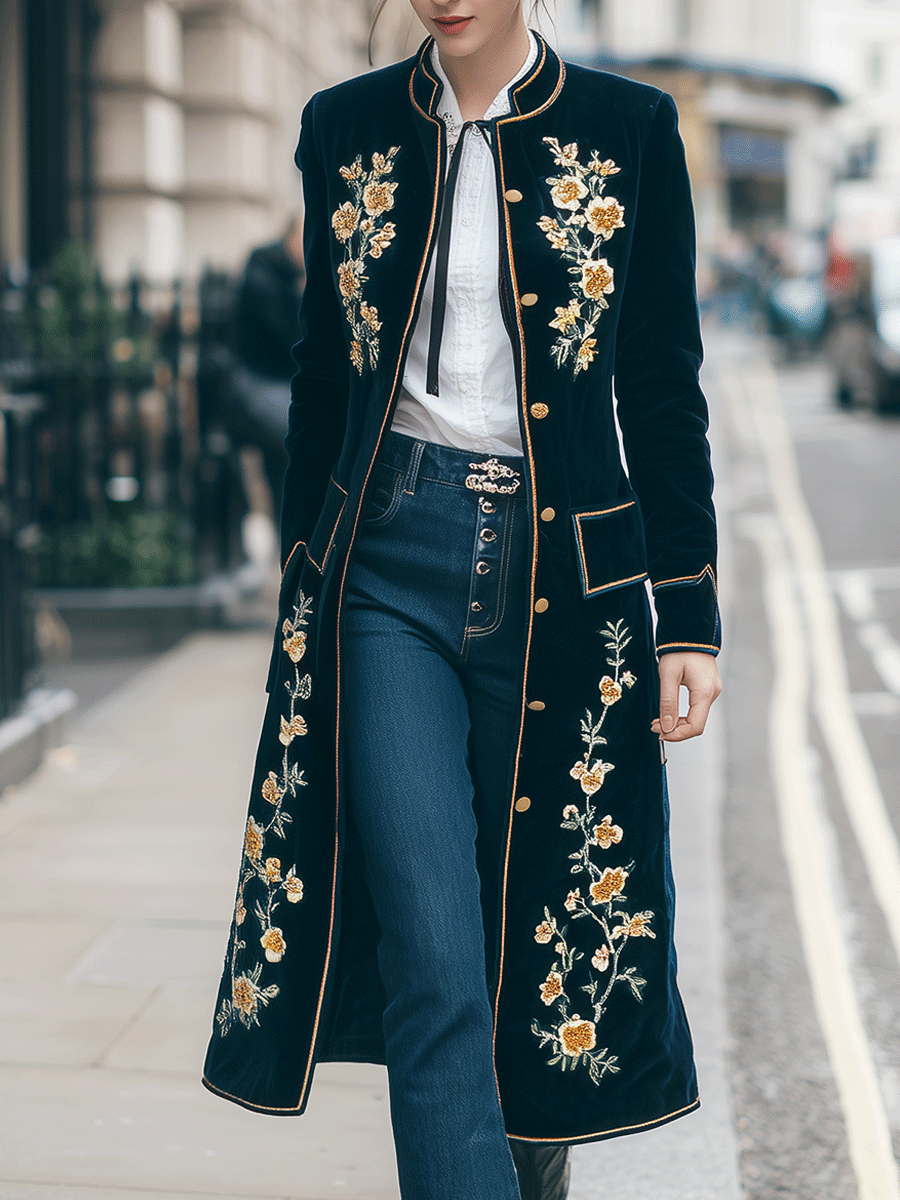 Elegant Baroque Navy Velvet Gold Floral Embroidery Long Coat