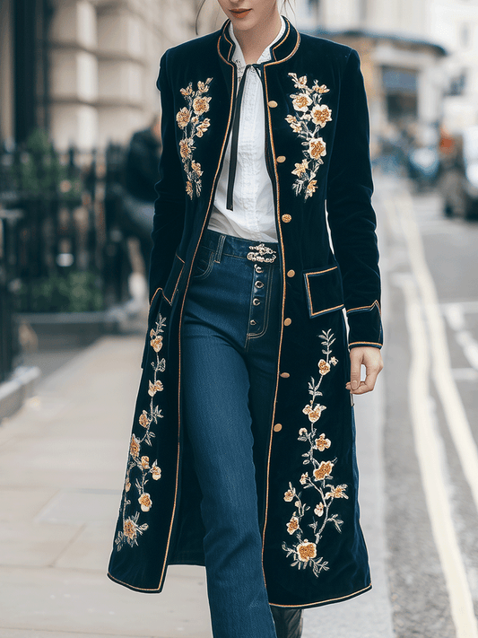 Elegant Baroque Navy Velvet Gold Floral Embroidery Long Coat