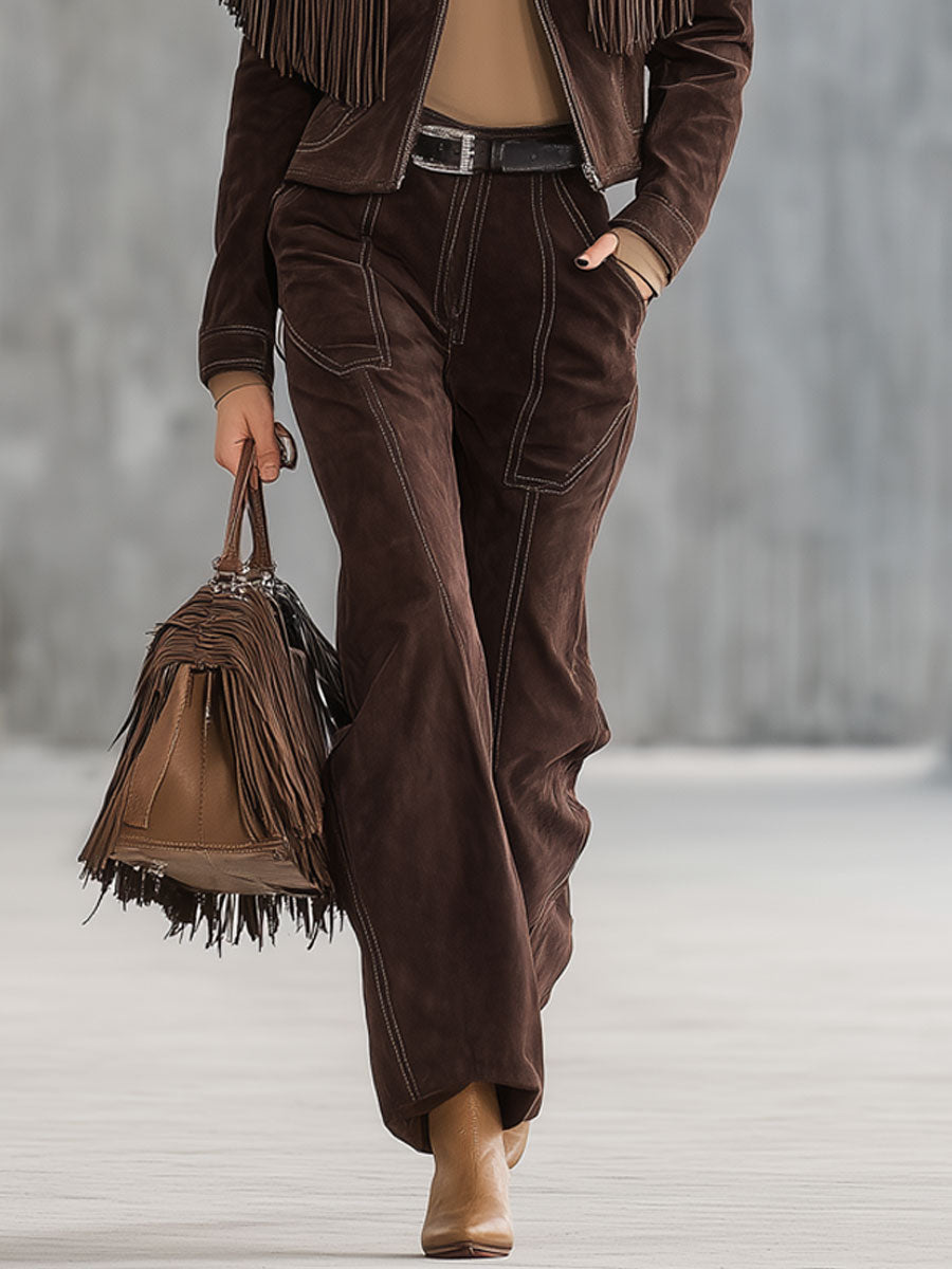 Western Vintage Cocoa Brown Faux Suede Tassel Jacket Straight Pants Set
