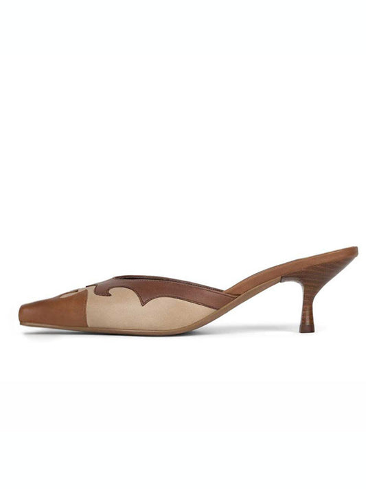 Fashion Brown Square Toe Patchwork Kitten Heel Mules for Women