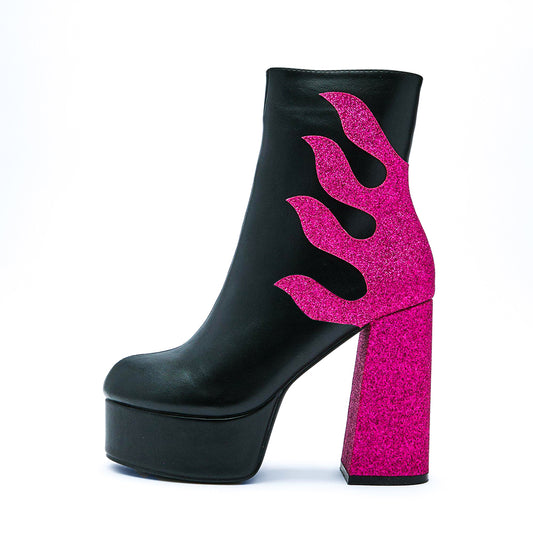 Fuchsia Glitter Splicing Chunky Heel Platform Black Ankle Boots