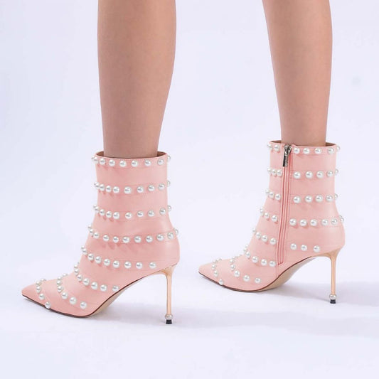 Elegant Pink Pointed Toe Pearl Embellished Heeled Ankle Boots