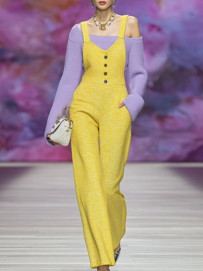 Fashionable Yellow Button-decorated Overalls