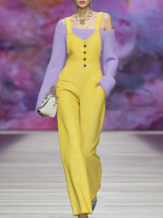 Fashionable Yellow Button-decorated Overalls
