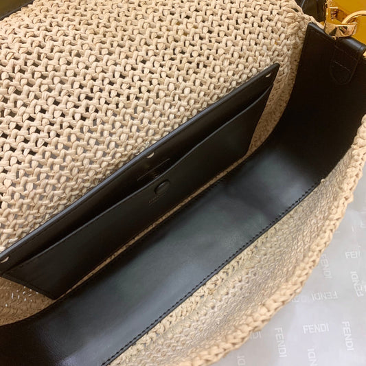 FI Baguette Woven Straw Black For Women, Handbags, Shoulder And Crossbody Bags 10.2in/26cm FF