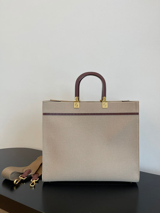 FI Sunshine Medium Tote Bag Beige Canvas For Women, Bags, Shoulder Bags 13.8in/35cm FF 8BH386