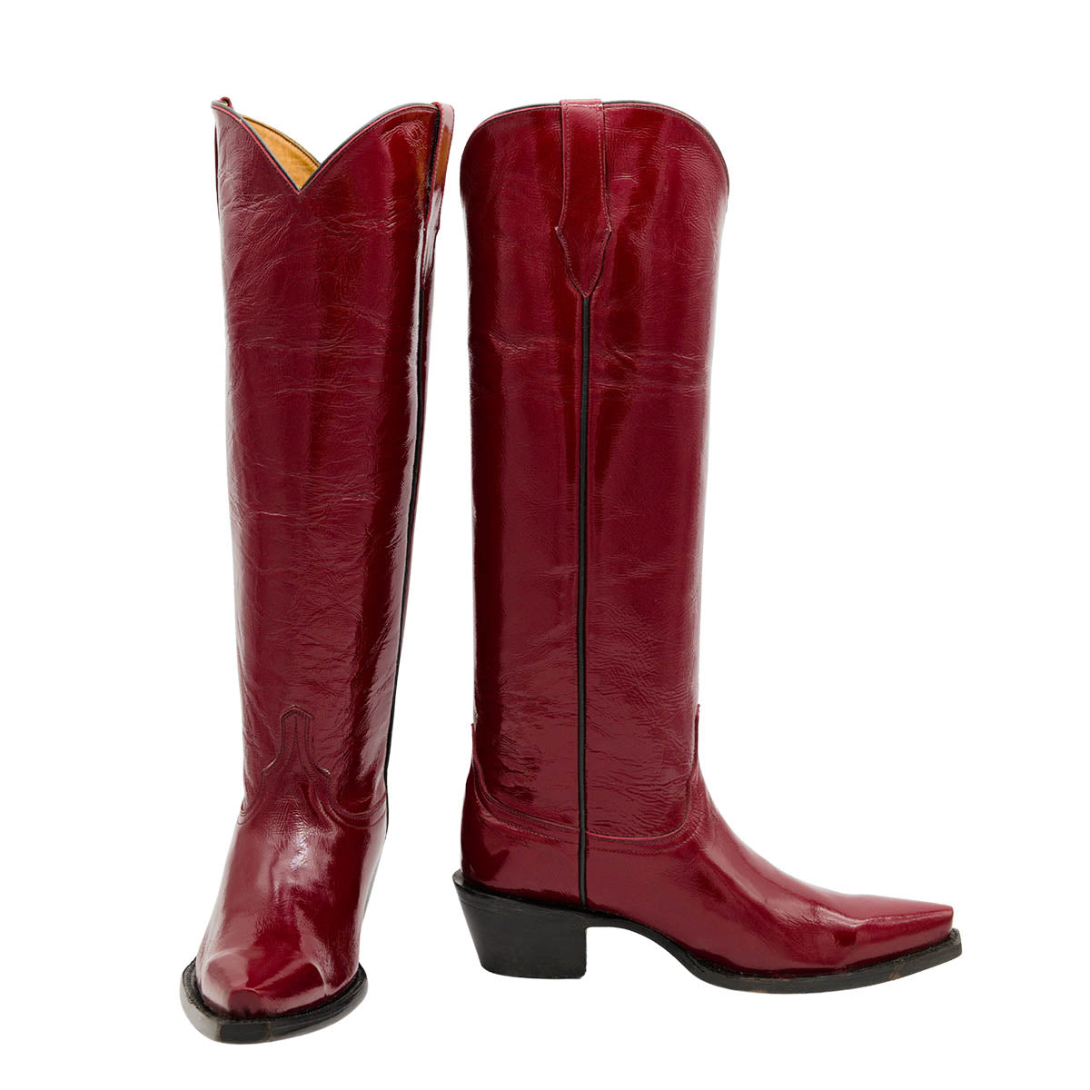 Faux Leather Block Heel Snip Toe Knee-High Red Cowgirl Boots