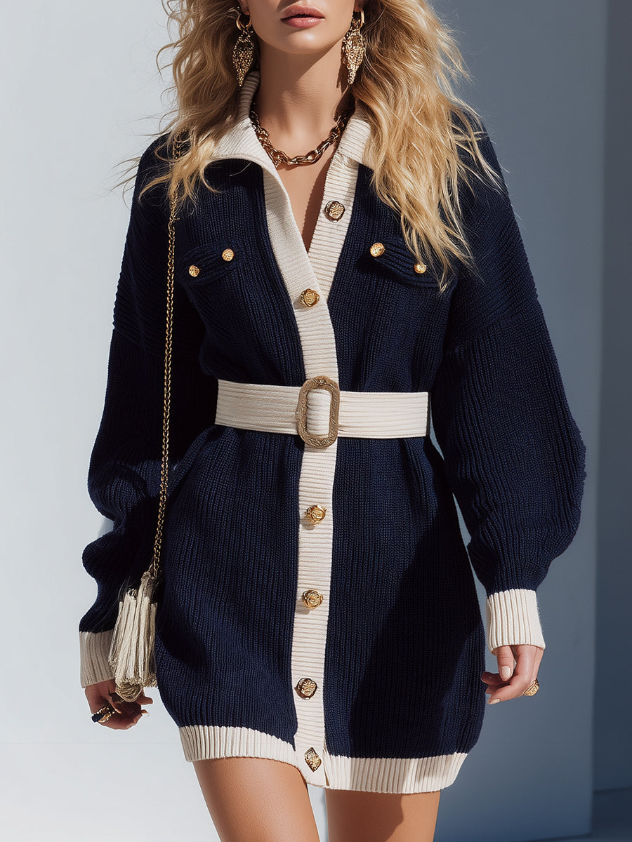 Fashionable Preppy Style White Contrasting Edge Navy Blue Knitted Mini Dress