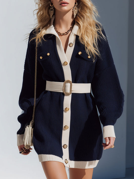 Fashionable Preppy Style White Contrasting Edge Navy Blue Knitted Mini Dress
