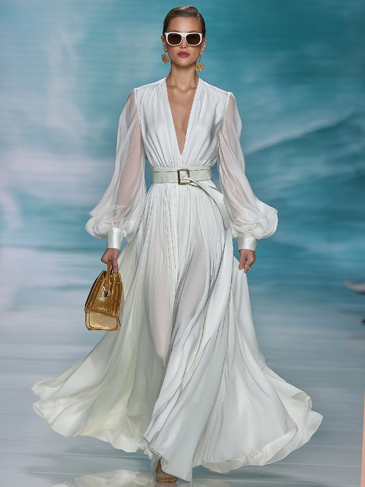Elegant And Charming White V-neck Lantern Sleeve Maxi Dress