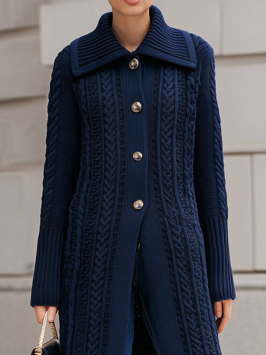 Elegant Navy Cable Knit Longline Cardigan Coat
