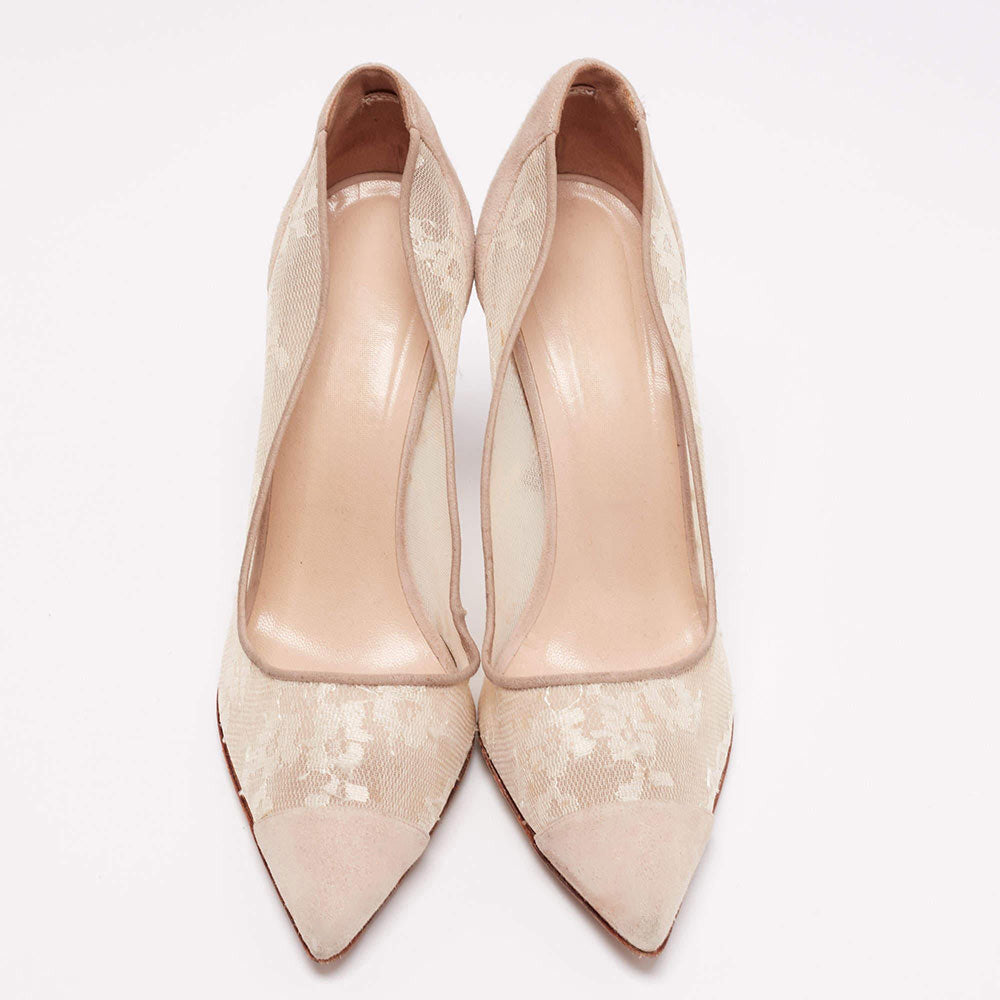 Floral Lace Mesh Pointed Toe Stiletto Heel Pumps Shoes in Nude