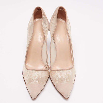 Floral Lace Mesh Pointed Toe Stiletto Heel Pumps Shoes in Nude