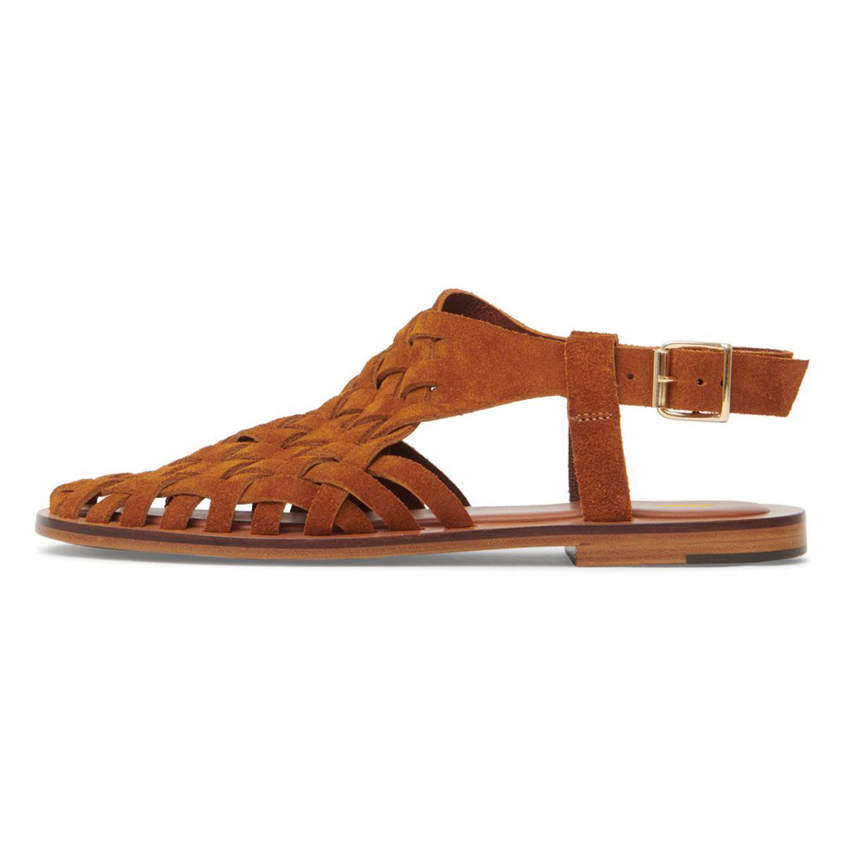 Faux Suede Square Toe Dark Brown Flat Women Sandals with Woven