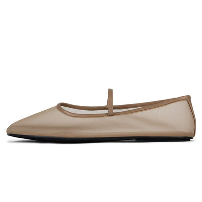 Beige Mesh Round Toe Flat Mary Jane Ballet Shoes