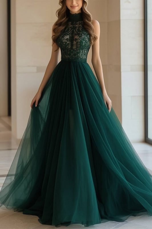 Formal Evening Gown Green Halter Neck Lace Floor-Length Dress