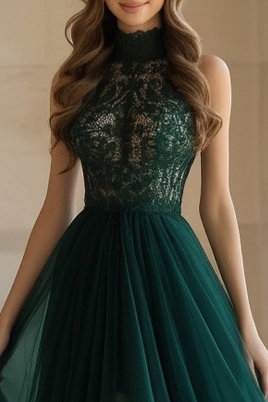 Formal Evening Gown Green Halter Neck Lace Floor-Length Dress