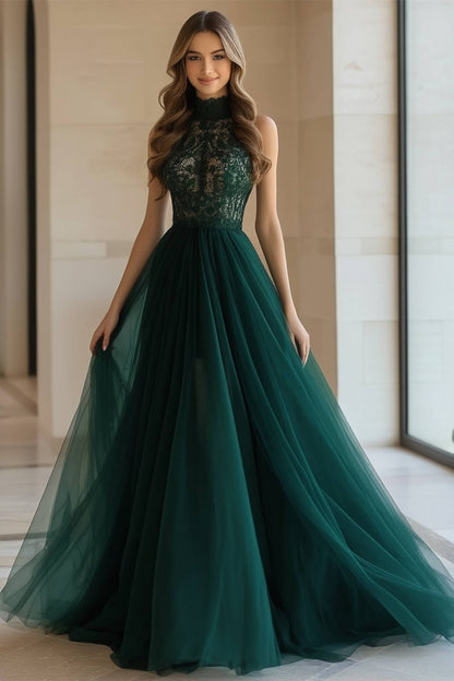 Formal Evening Gown Green Halter Neck Lace Floor-Length Dress