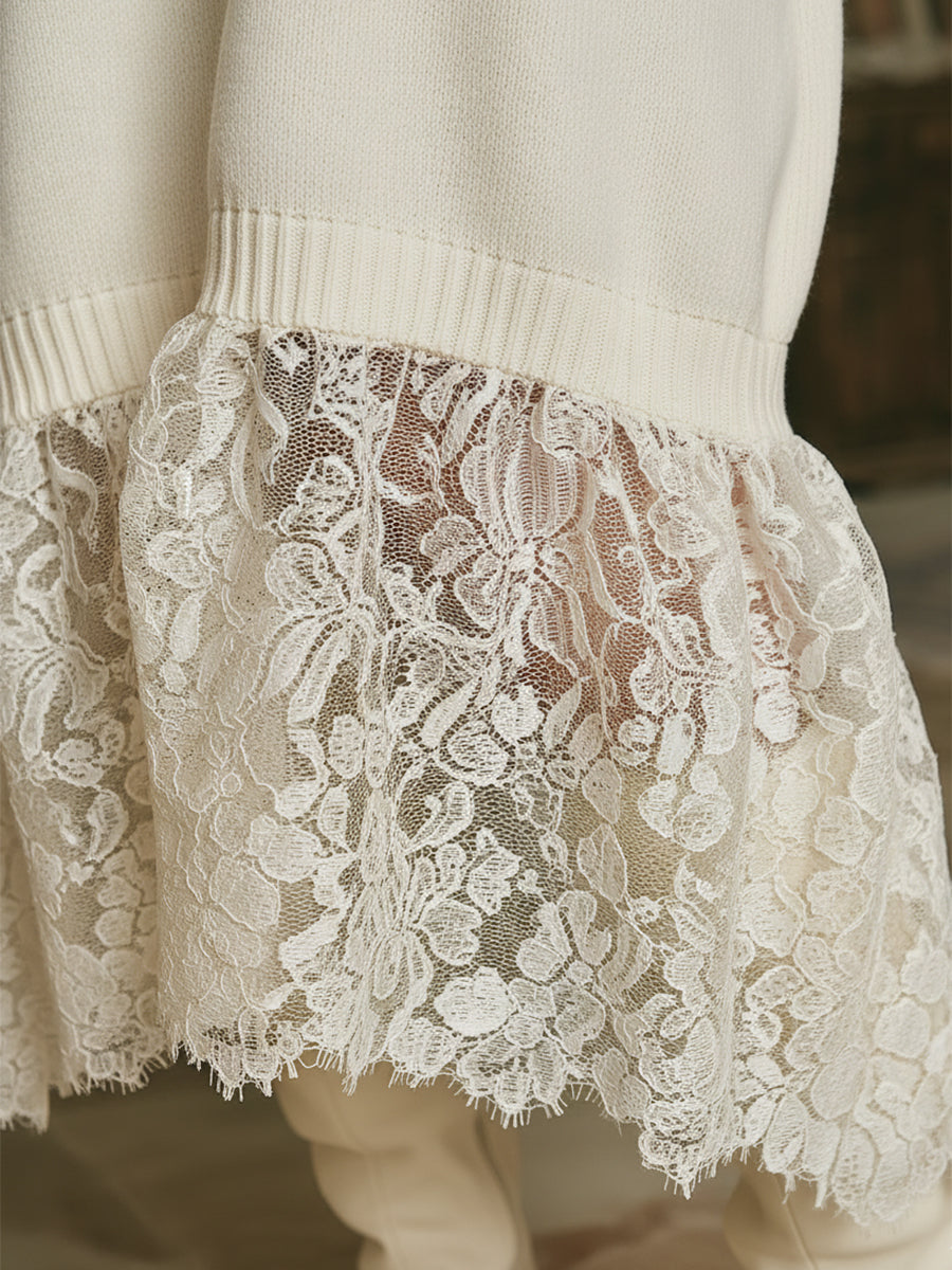 Elegant And Romantic Lotus Leaf Collar Lace Stitching White Knitted Maxi Dress