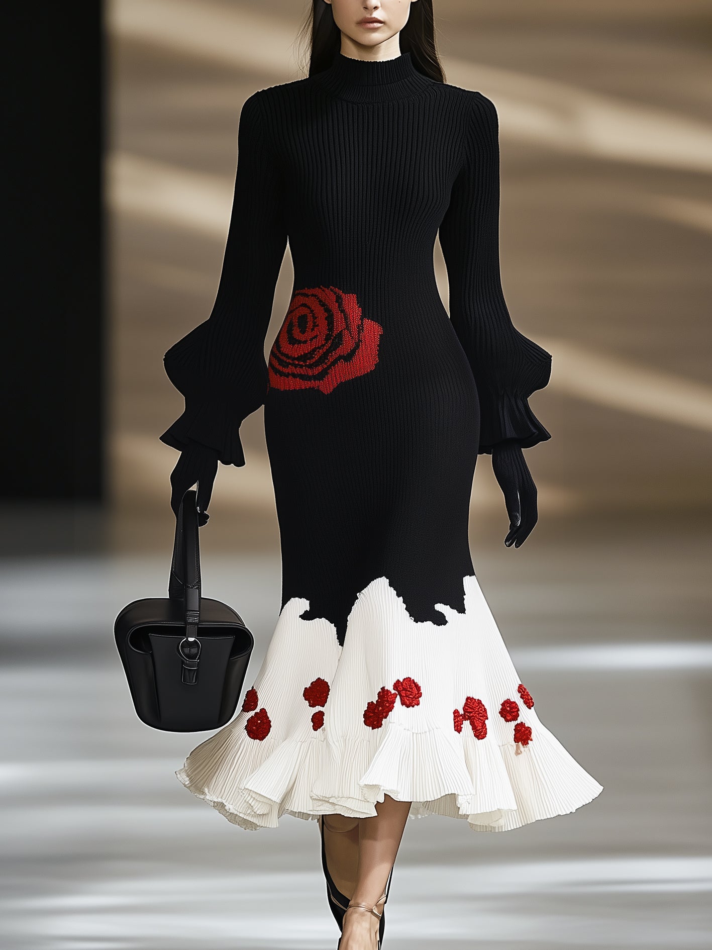 Elegant Retro Rose Pattern Knitted Dress With Flared Sleeves