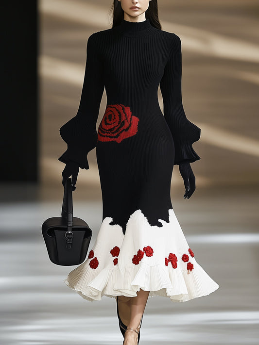 Elegant Retro Rose Pattern Knitted Dress With Flared Sleeves