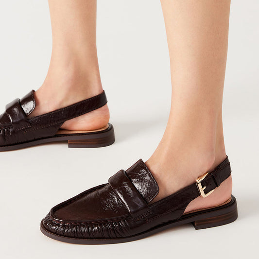 Dark Brown Vegan Leather Round Toe Flat Buckled Loafer Slingbacks