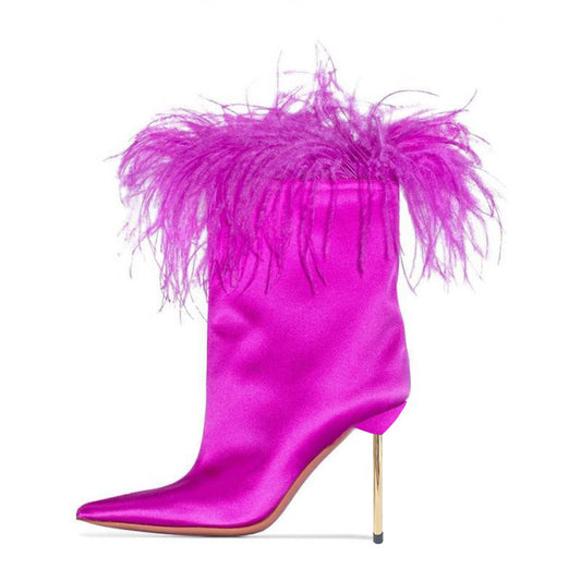 Fuchsia Satin Stiletto Heel Fashion Feather Trim Ankle Boots