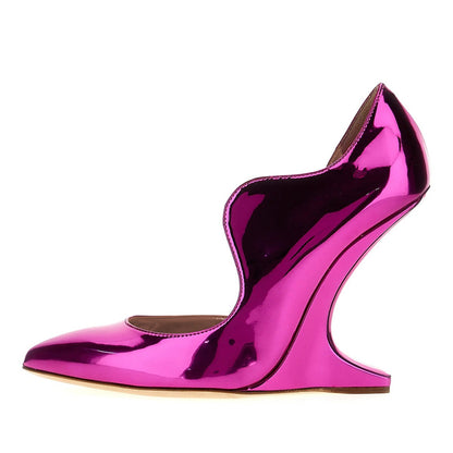 Fuchsia Metallic Finish Curved Edge Pointed Toe Pumps Heels