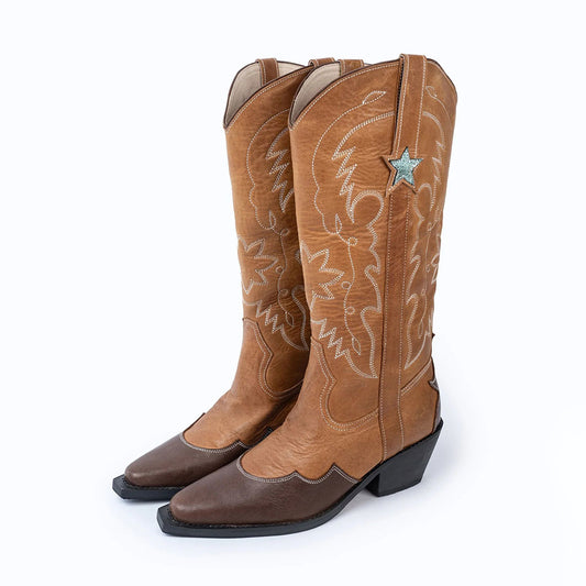 Embroidered Star Inlay Mid Calf Brown Cowgirl Boots for Women