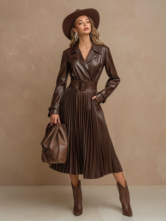 Elegant And Romantic Pleated Skirt Burgundy Faux Leather Midi Dress