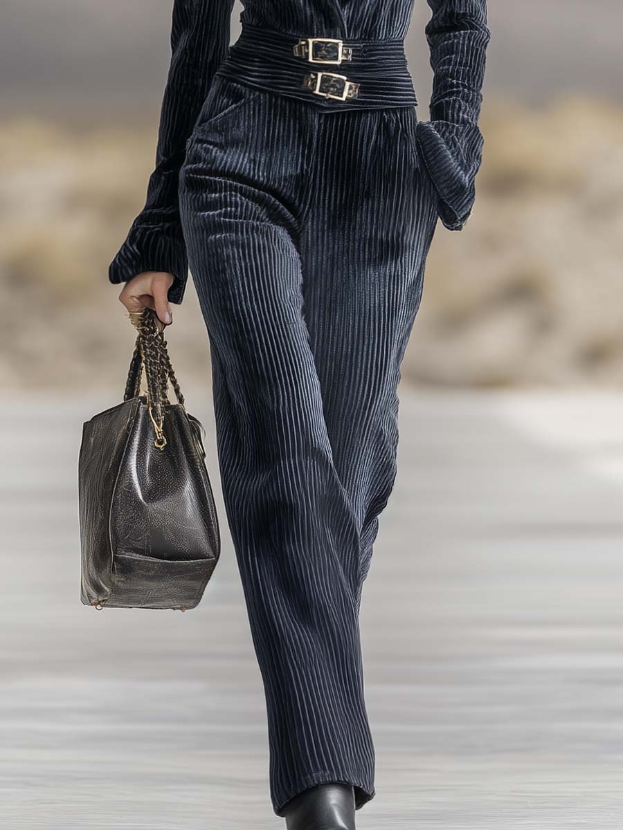 Elegant Retro Exquisite V-neck Long-sleeved Waist Dark Blue Textured Velvet Jumpsuit