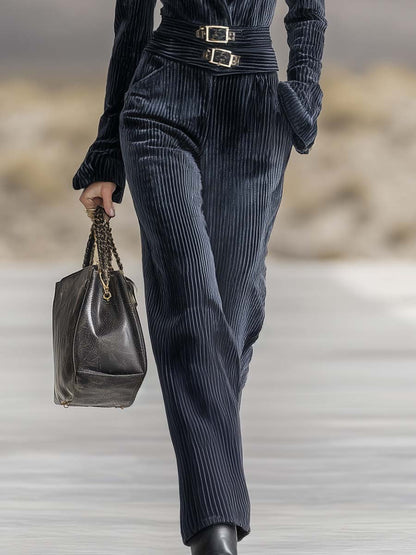 Elegant Retro Exquisite V-neck Long-sleeved Waist Dark Blue Textured Velvet Jumpsuit