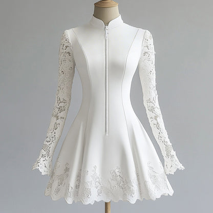 Ursime Stand Collar Lace Patchwork Long Sleeve Zipper Mini Dress