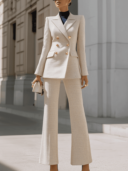 Beige Double-Breasted Tweed Pantsuit With Gold Buttons