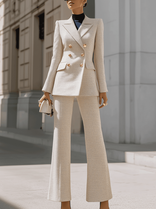 Beige Double-Breasted Tweed Pantsuit With Gold Buttons